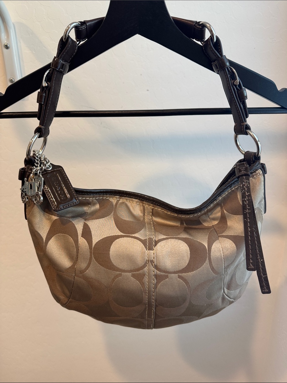Coach Tan Signature Mini Hobo Shoulder Bag with Dark Leather Trim Vintage